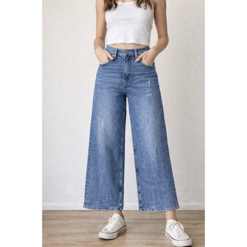 NOEND Denim Wide Leg Crop Jeans Women’s 30 Blue High Rise Distressed Stretch USA